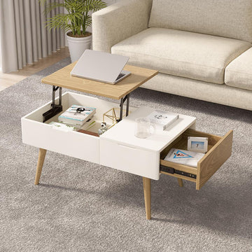 White & Natural Wooden Rectangular Multifunctional Coffee Table with Drawer Lift-Top Storage Table